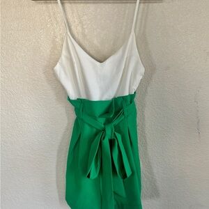 White & Green Boutique 5ive Two-Tone Spaghetti Strap romper with Waist Tie